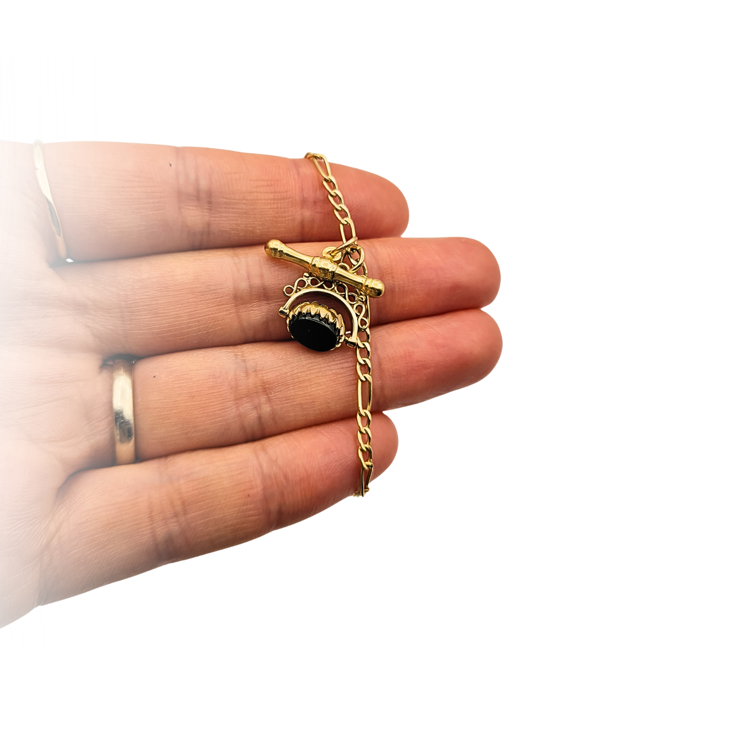 7.25"  9ct Gold Figaro Bracelet  T Bar Spinning Fob 18.5cm