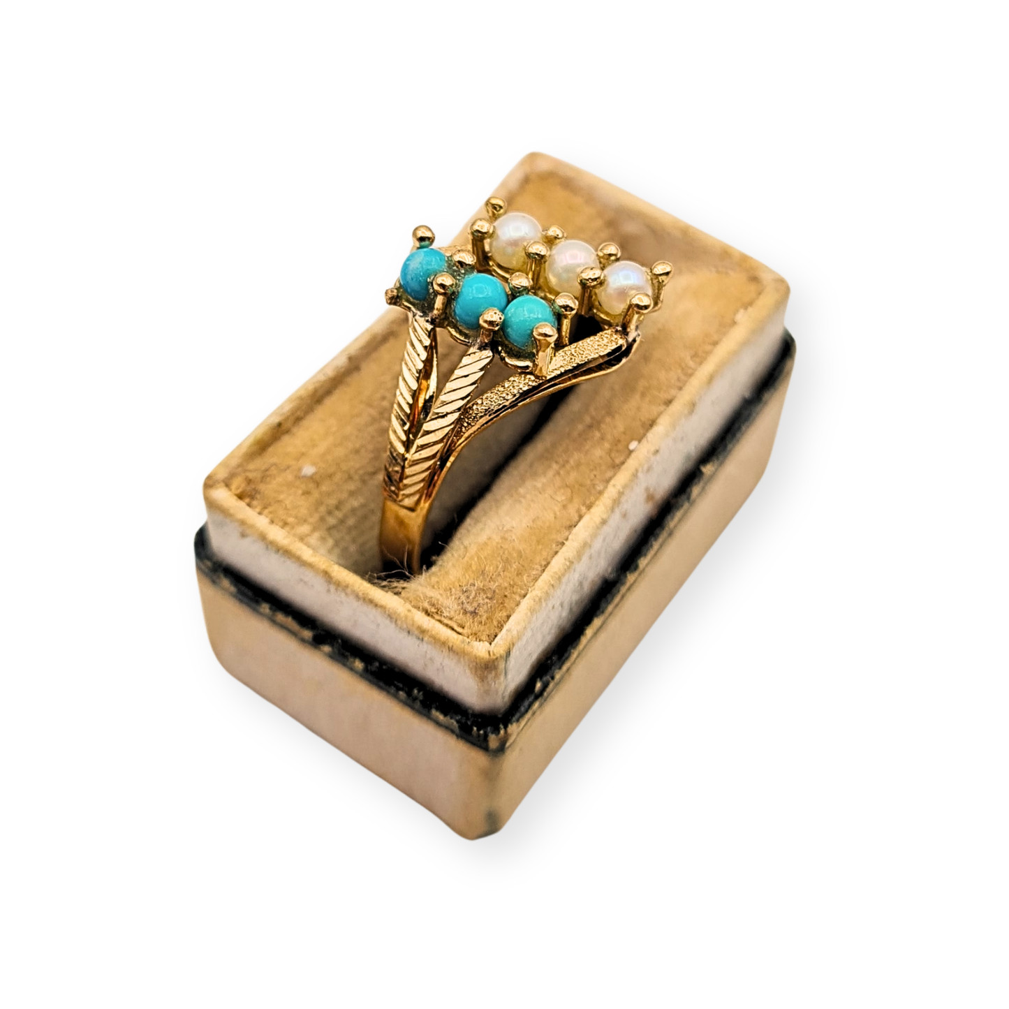 18ct Gold Turquoise 3 Row Ring, Pearl Design, UK M US 6 1/4