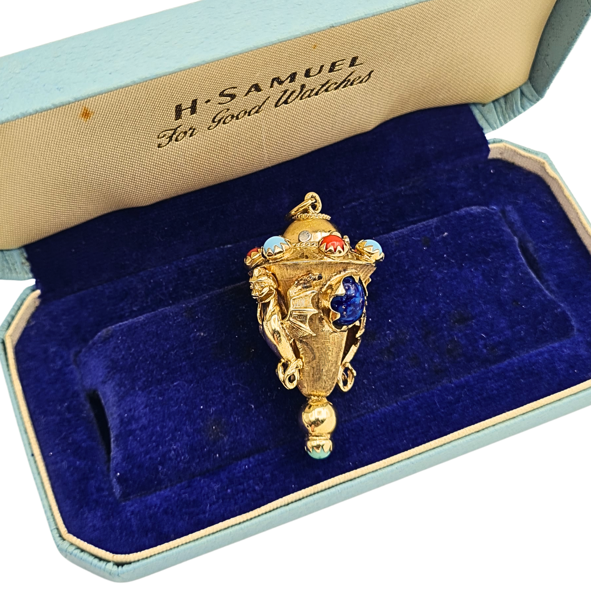 Vintage 9ct gold revivalist amphora pendant with colourful cabochon stones and dragon head detailing