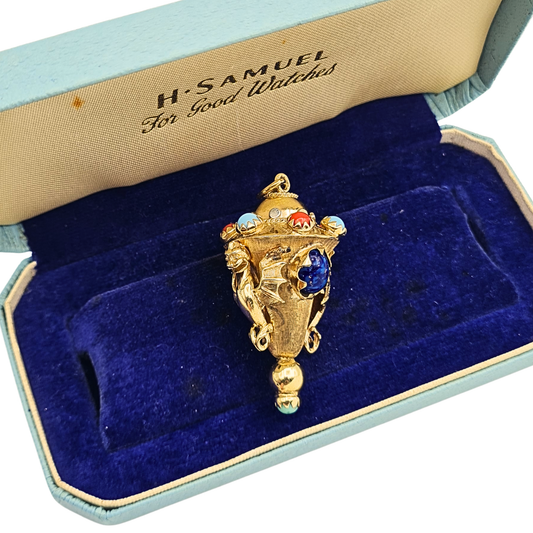 Vintage 9ct gold revivalist amphora pendant with colourful cabochon stones and dragon head detailing