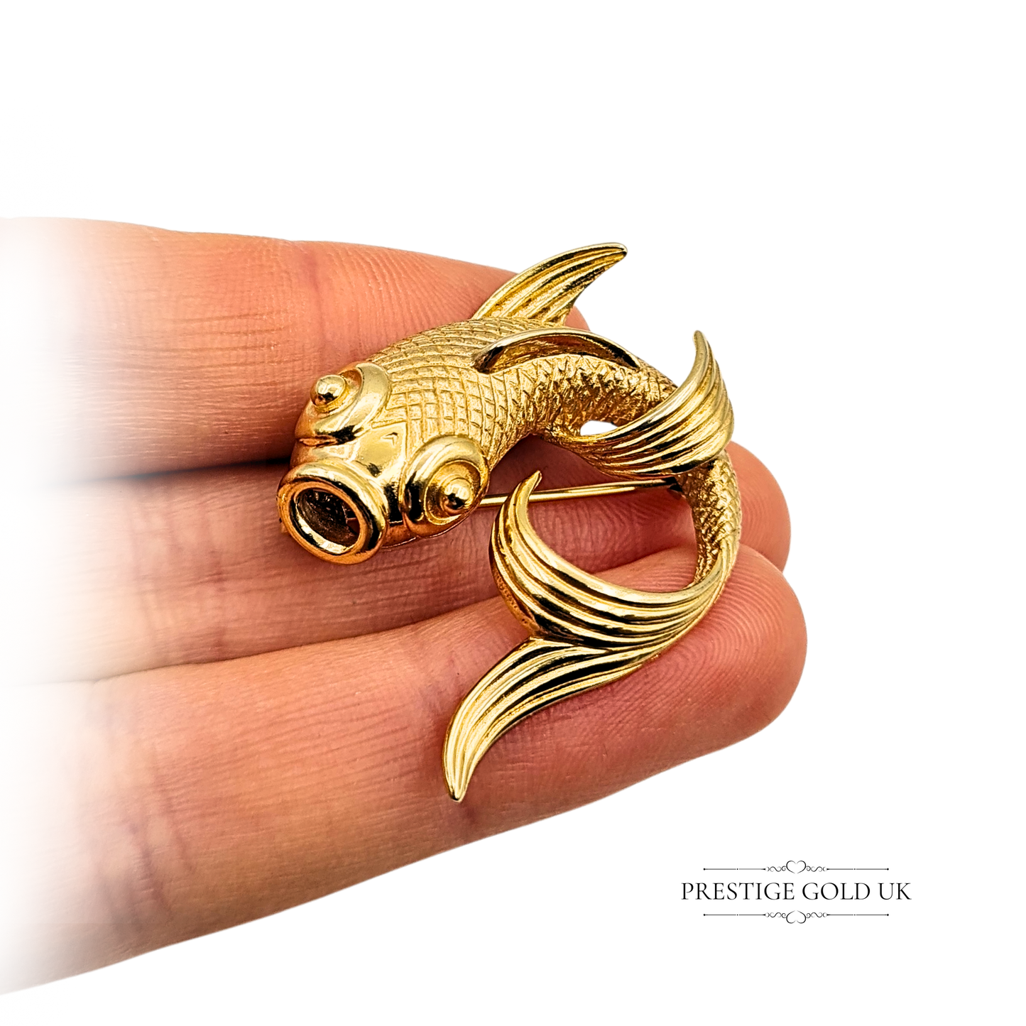 Large 9ct Gold Koi Carp Brooch, Ornate Fish Pin With Secure Clasp