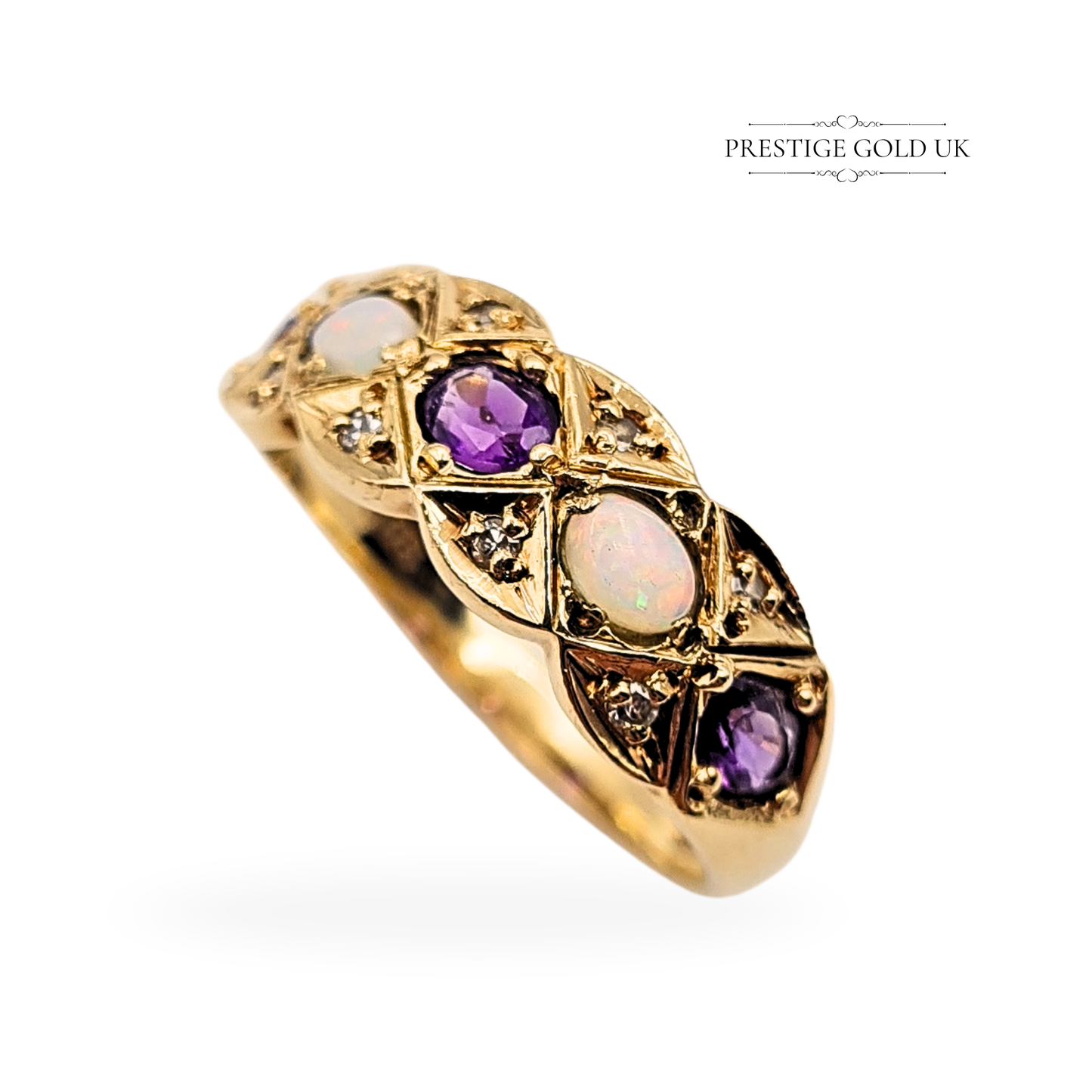 9ct Gold Amethyst Opal Diamond Ring, 1969  UK P / US 7 3/4