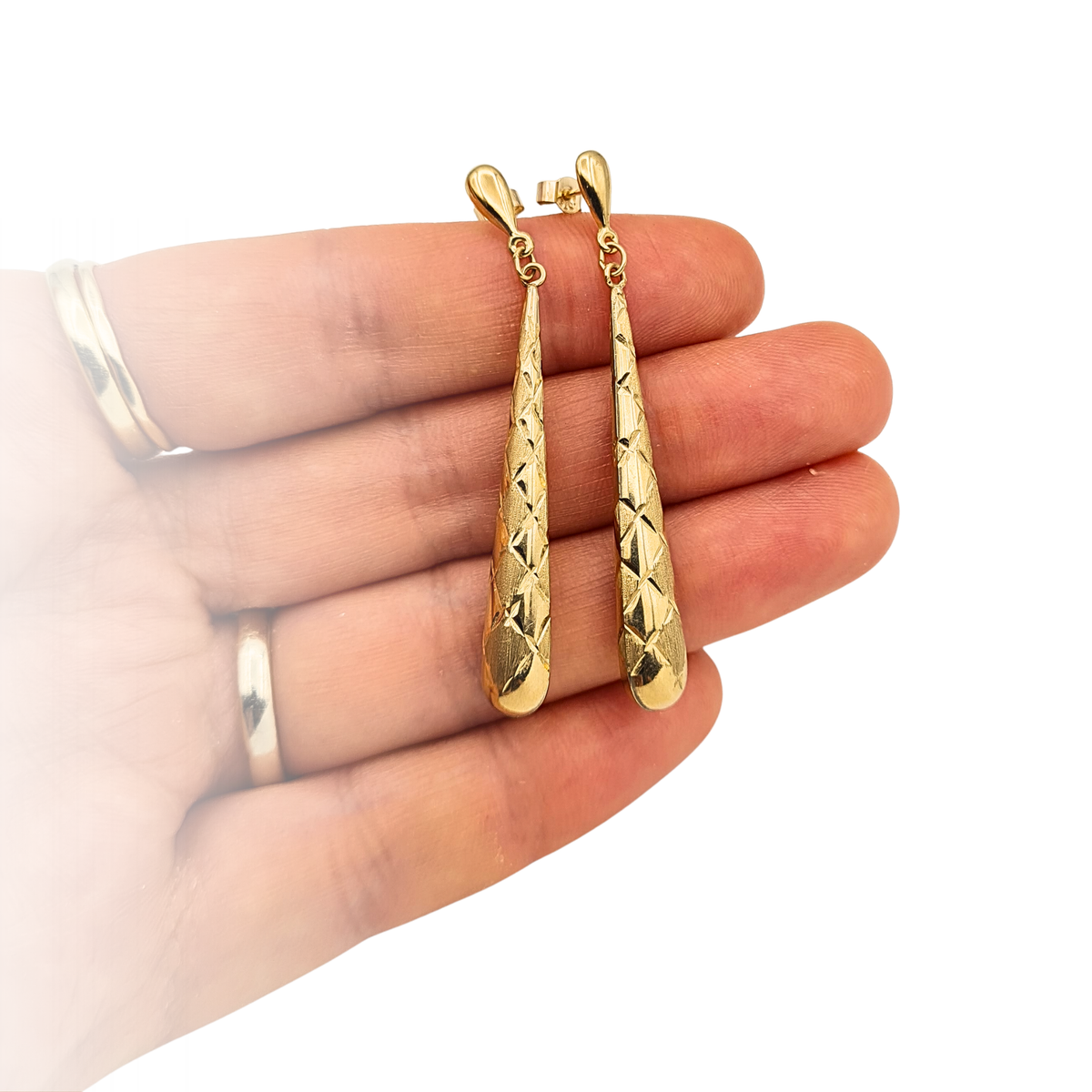 9ct Gold Long Drop Earrings,  Diamond Cut Textured Dangle Earrings