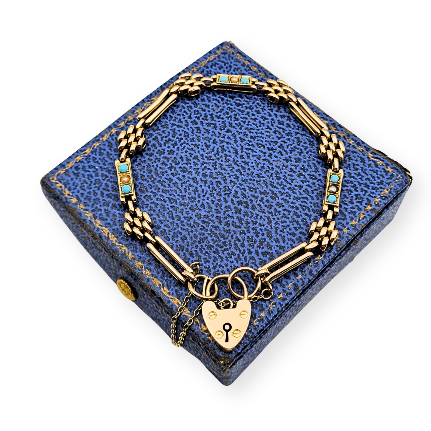 Antique 9ct Rose Gold Turquoise Pearl Gate Bracelet, 1904, 7½ inches long