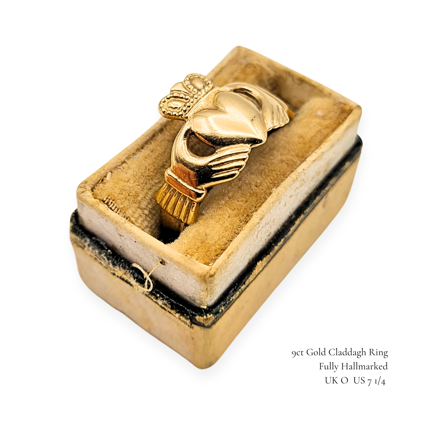 9ct Solid Gold Claddagh Ring, Fully Hallmarked, UK O US 7 1/4