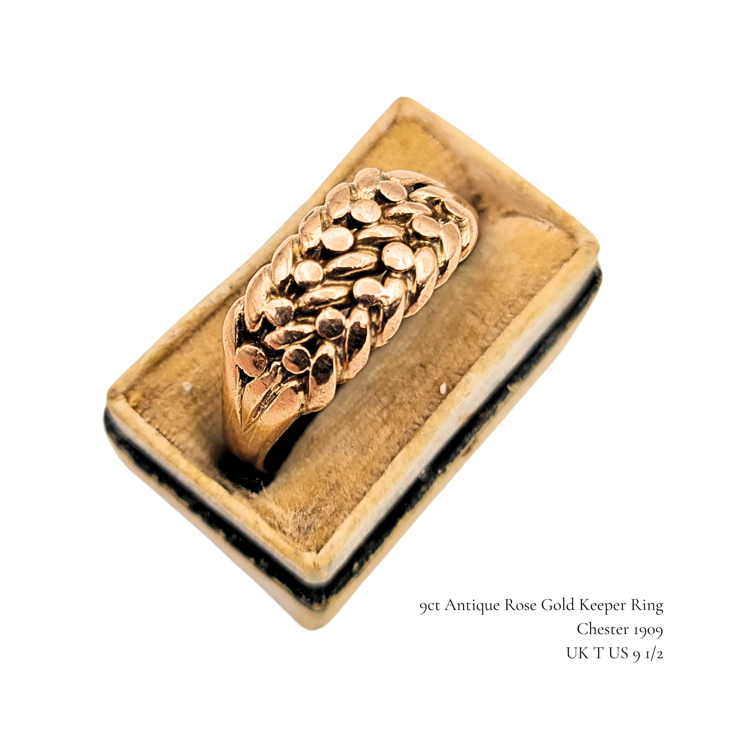 9ct Rose Gold Keeper Ring, Antique Rope Ring, UK T US 9 1/2