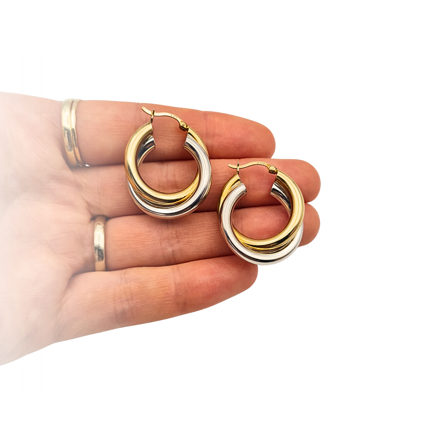 Large 9ct Gold Two Tone Creole Hoop Earrings Chunky Twist Gold Hallmarked
