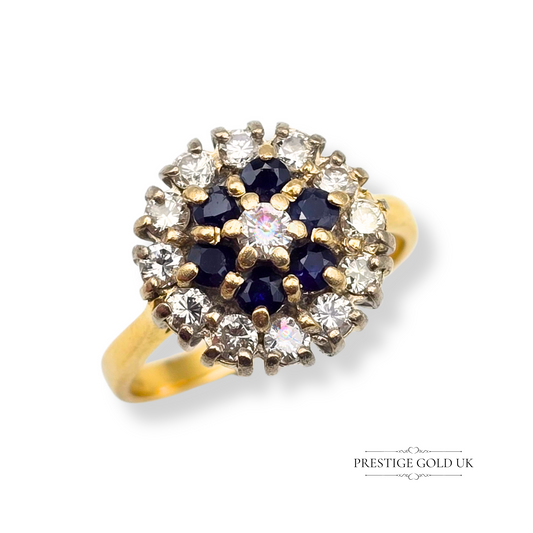 Vintage 18ct Gold Sapphire & Diamond Cluster Ring - Size UK M 1/2, US 6 1/2, Euro 53