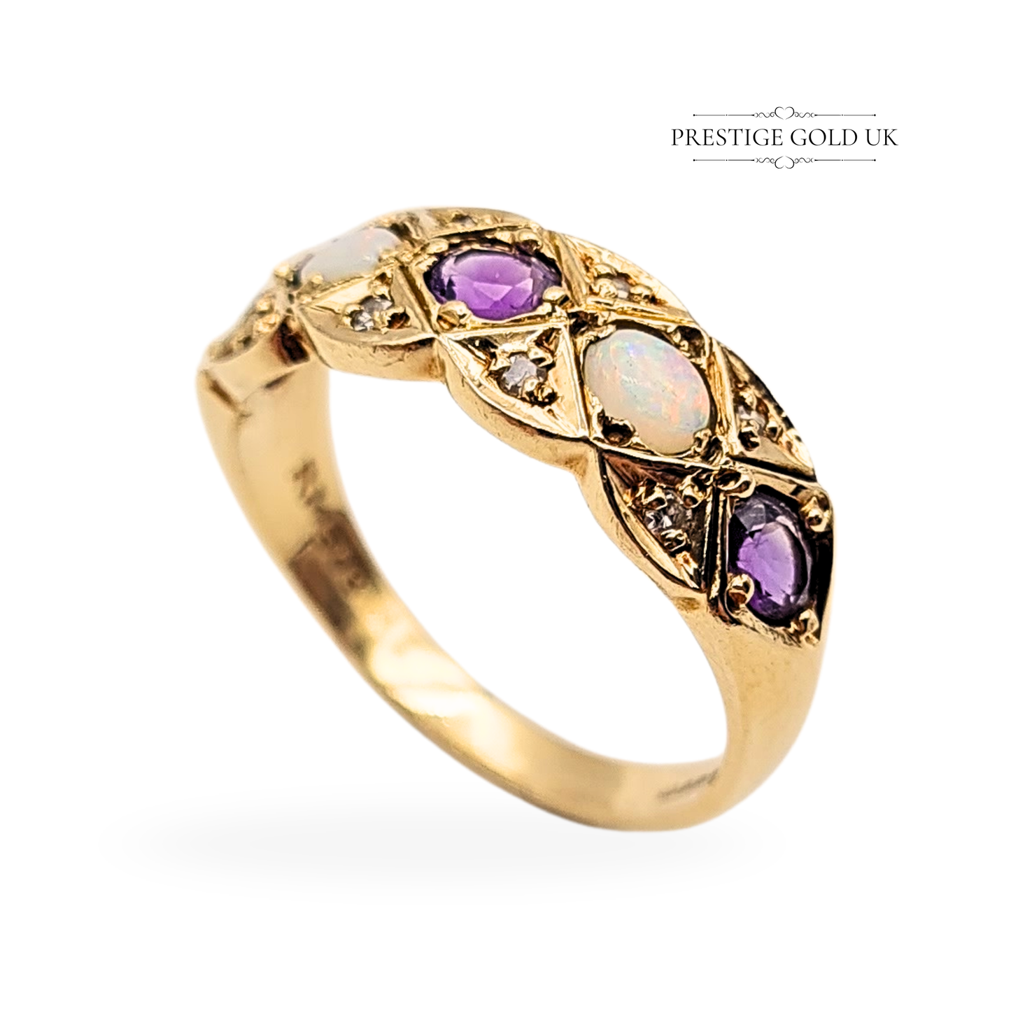9ct Gold Amethyst Opal Diamond Ring, 1969  UK P / US 7 3/4