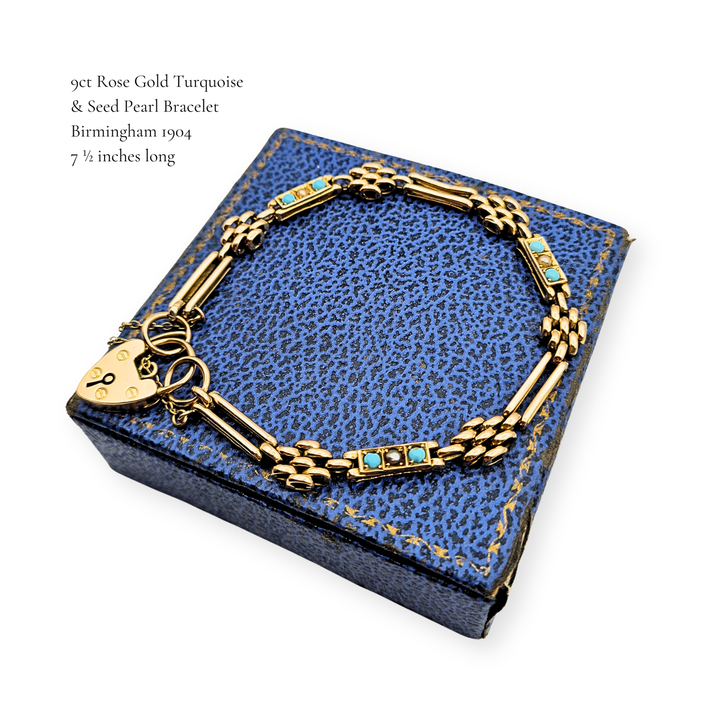 Antique 9ct Rose Gold Turquoise Pearl Gate Bracelet, 1904, 7½ inches long