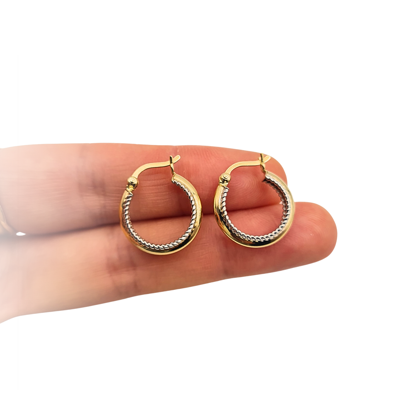 Small 9ct Gold Fancy Hoop Earrings White Gold Scroll Detail 16mm Hoops