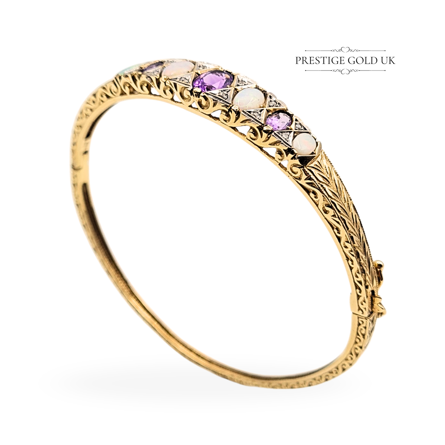 9ct Gold Amethyst Opal Diamond Bangle, 6 1/2" (16cm) 12.73g