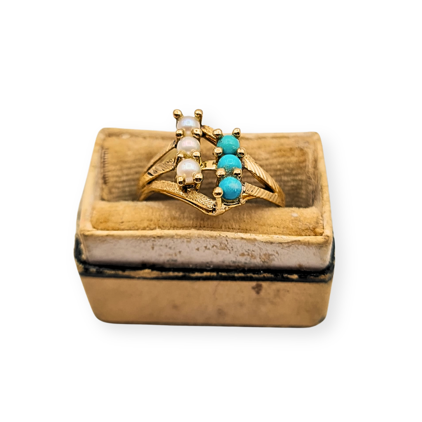 18ct Gold Turquoise 3 Row Ring, Pearl Design, UK M US 6 1/4