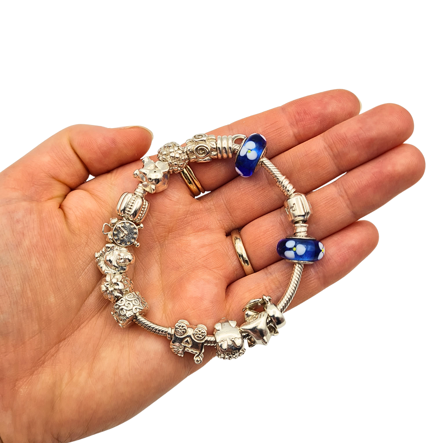 Genuine 7" Pandora Sterling Silver Bracelet 15 Authentic Charms 925 ALE 65.20g