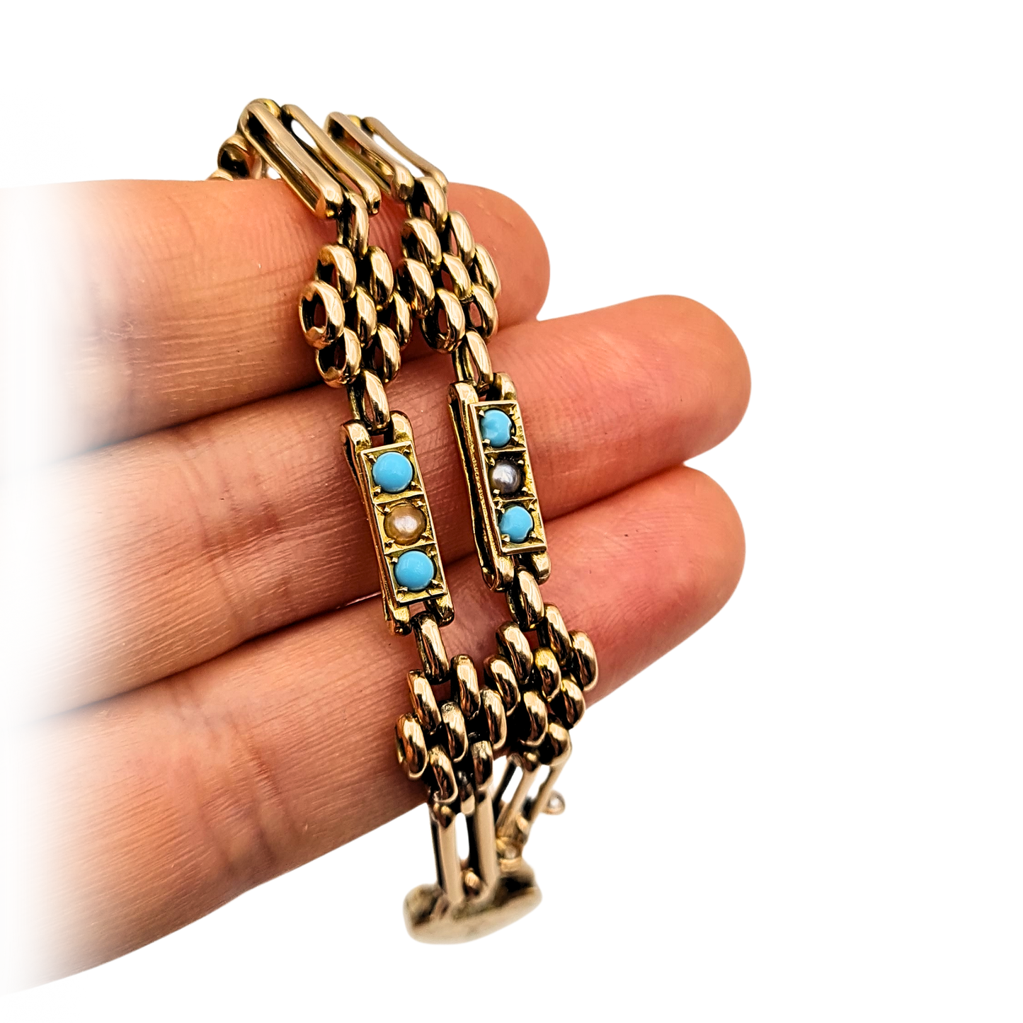 Antique 9ct Rose Gold Turquoise Pearl Gate Bracelet, 1904, 7½ inches long