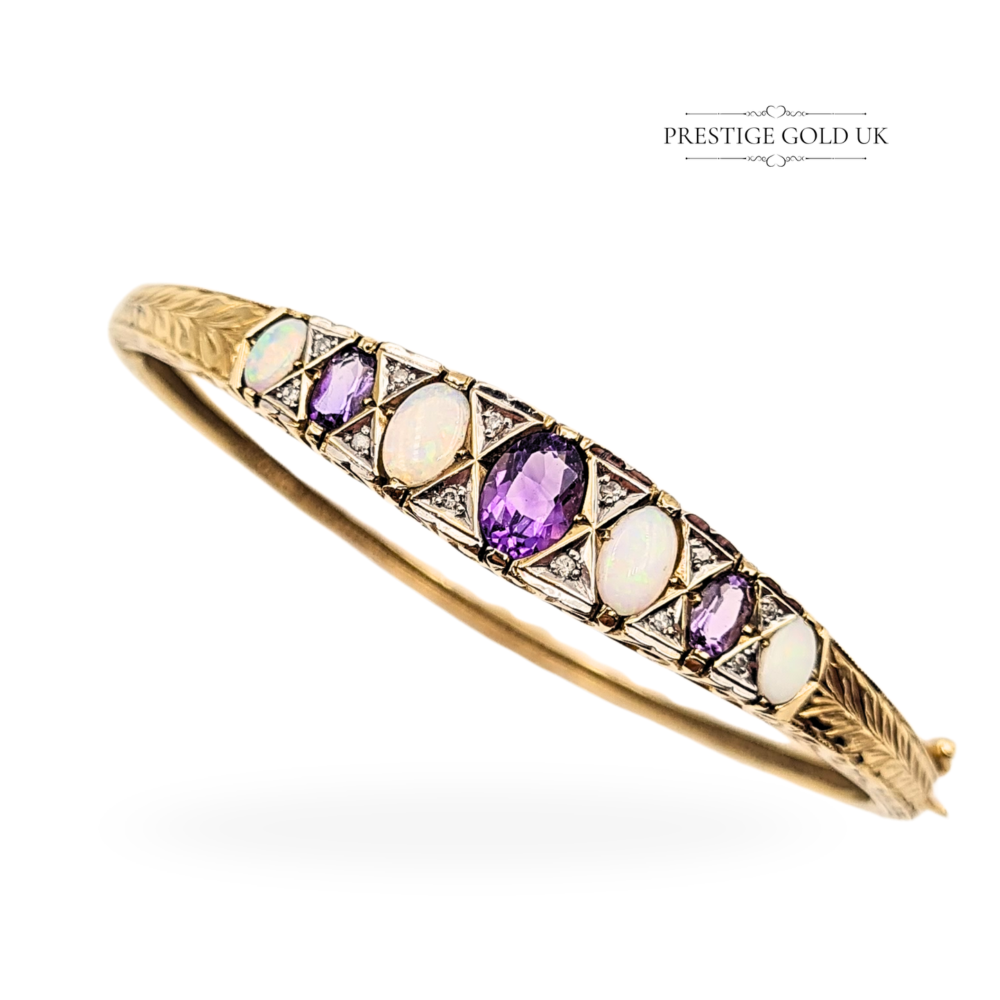 9ct Gold Amethyst Opal Diamond Bangle, 6 1/2" (16cm) 12.73g