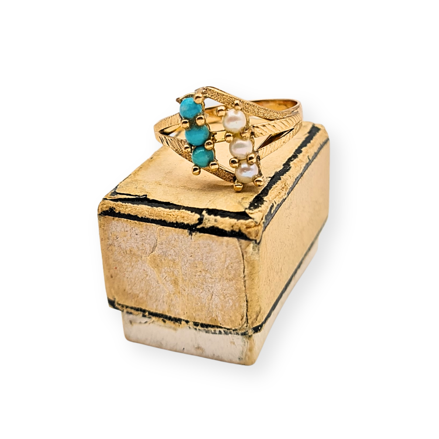18ct Gold Turquoise 3 Row Ring, Pearl Design, UK M US 6 1/4