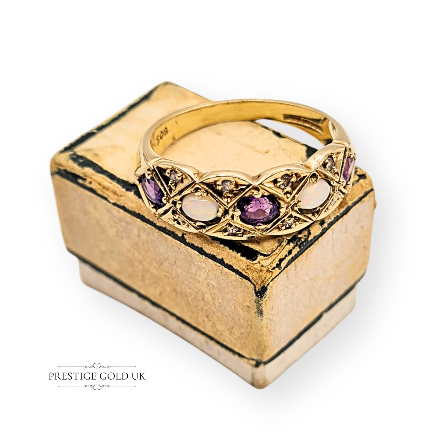 9ct Gold Amethyst Opal Diamond Ring, 1969  UK P / US 7 3/4