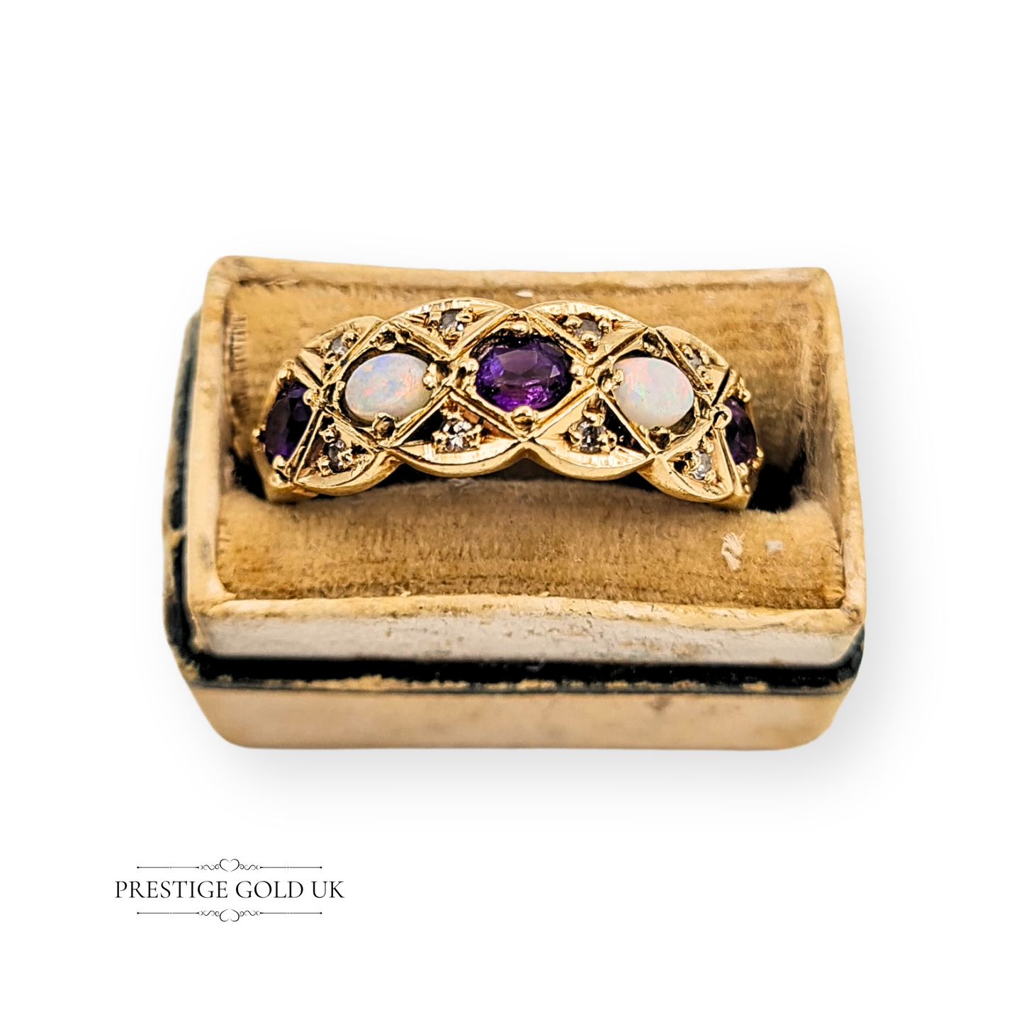 9ct Gold Amethyst Opal Diamond Ring, 1969  UK P / US 7 3/4