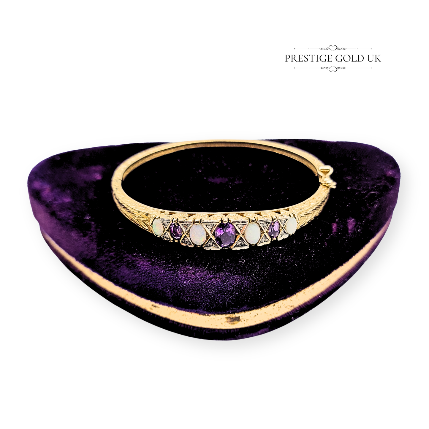 9ct Gold Amethyst Opal Diamond Bangle, 6 1/2" (16cm) 12.73g