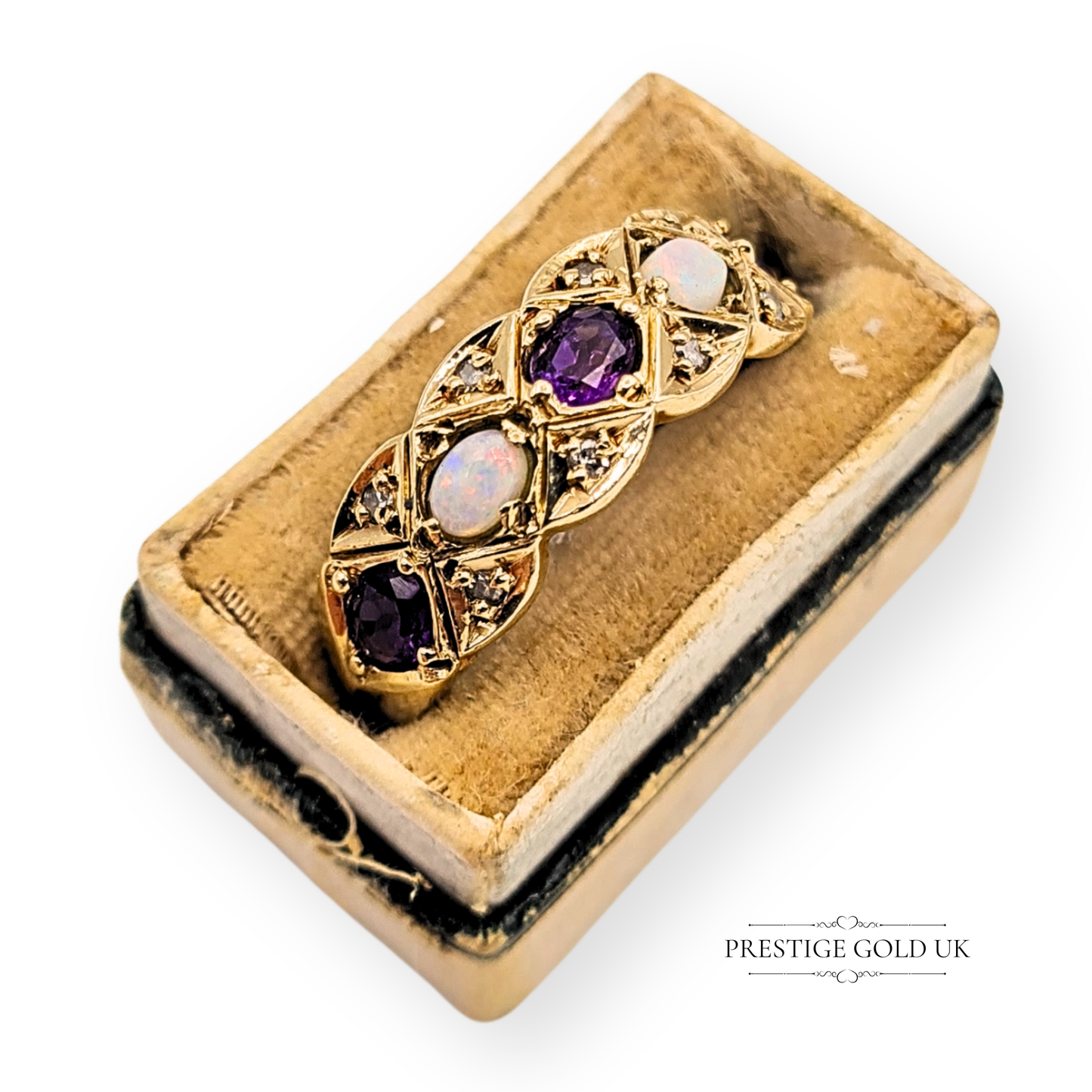 9ct Gold Amethyst Opal Diamond Ring, 1969  UK P / US 7 3/4