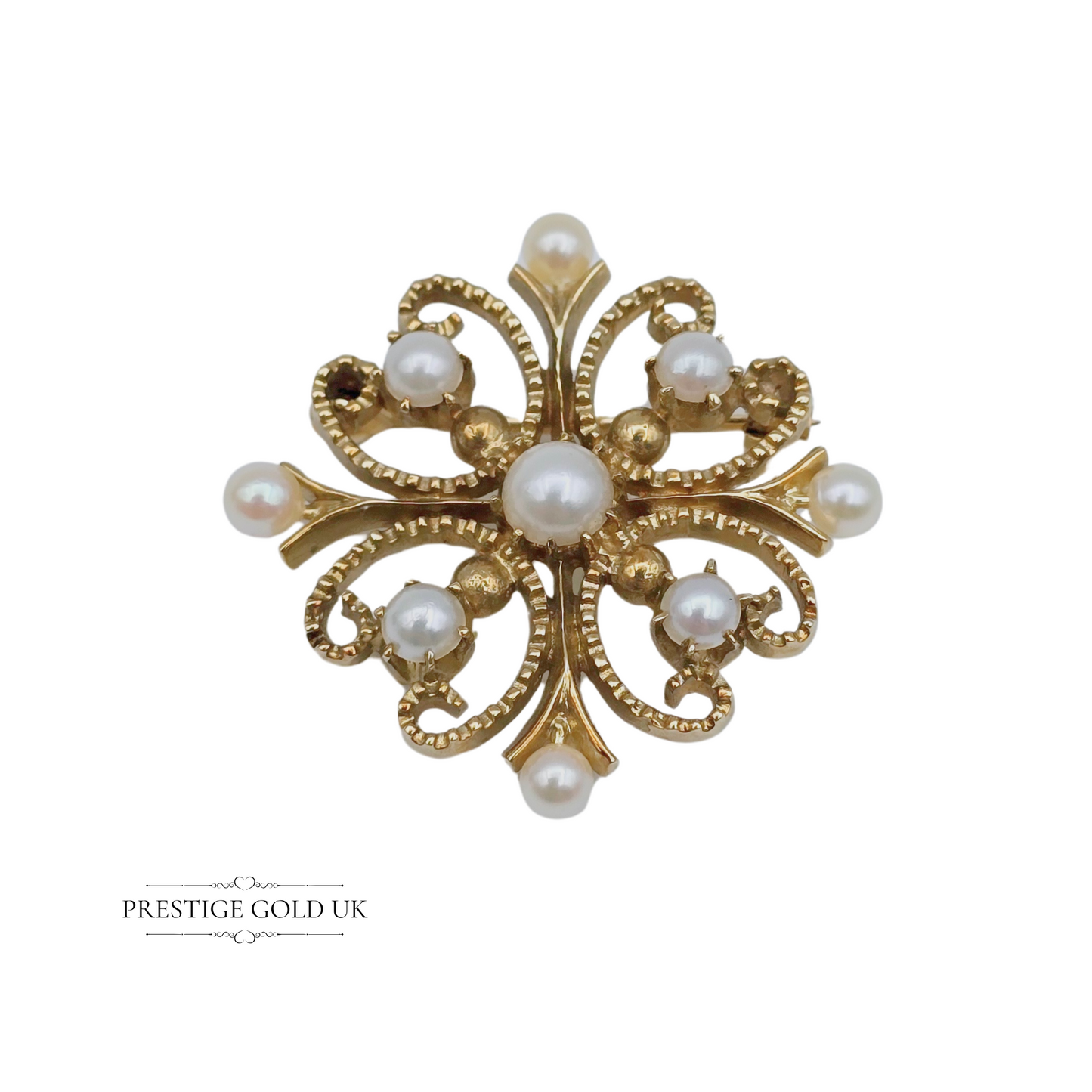 Vintage 9ct Gold Ornate Pearl Brooch