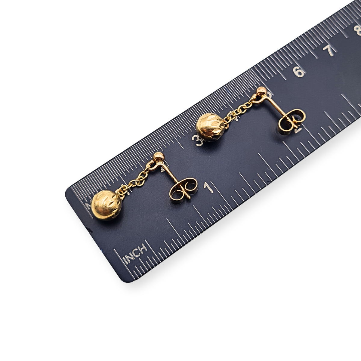 9ct Gold Textured Ball Drop Earrings,  21mm Chain Dangle Earrings