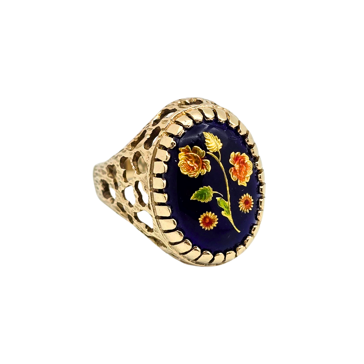 9ct Gold Cobalt Blue Floral Motif Enamel Ring, Size  UK N 1/2 US 6 3/4