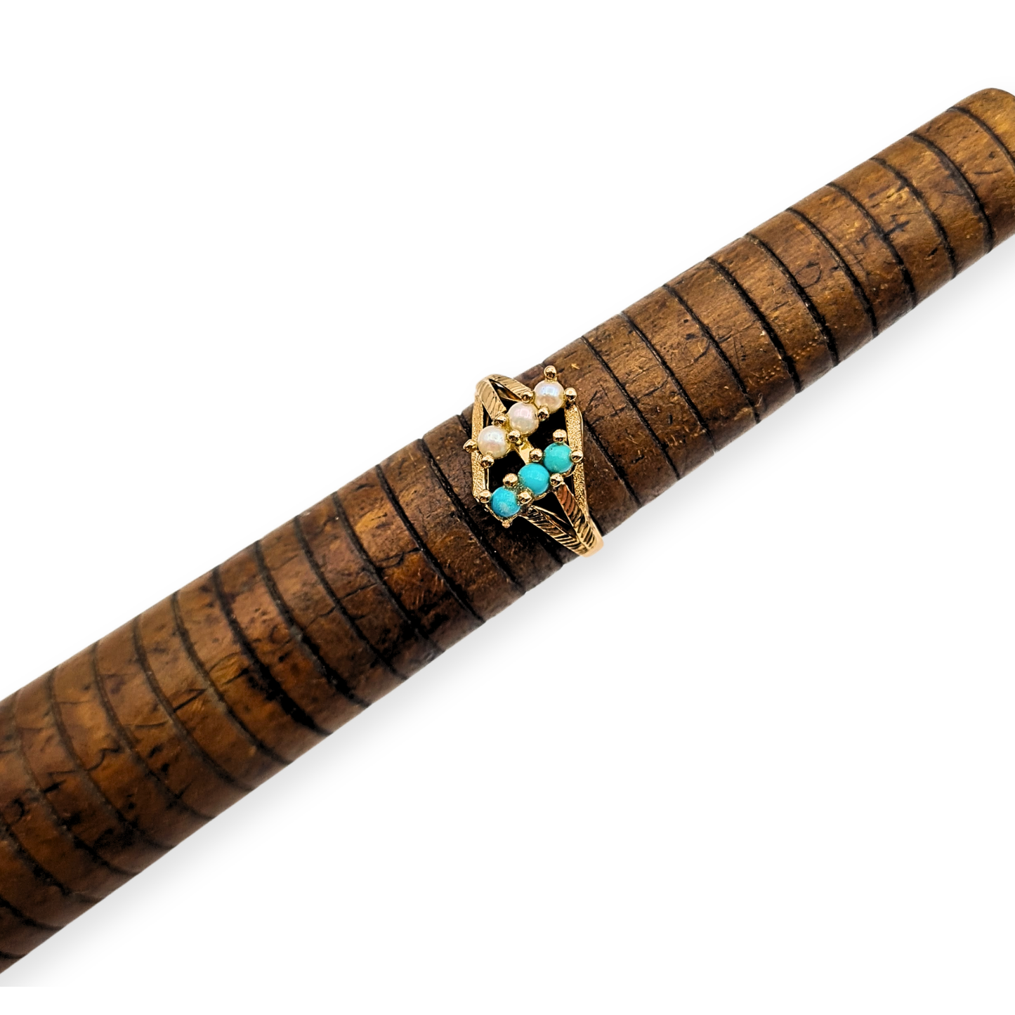18ct Gold Turquoise 3 Row Ring, Pearl Design, UK M US 6 1/4
