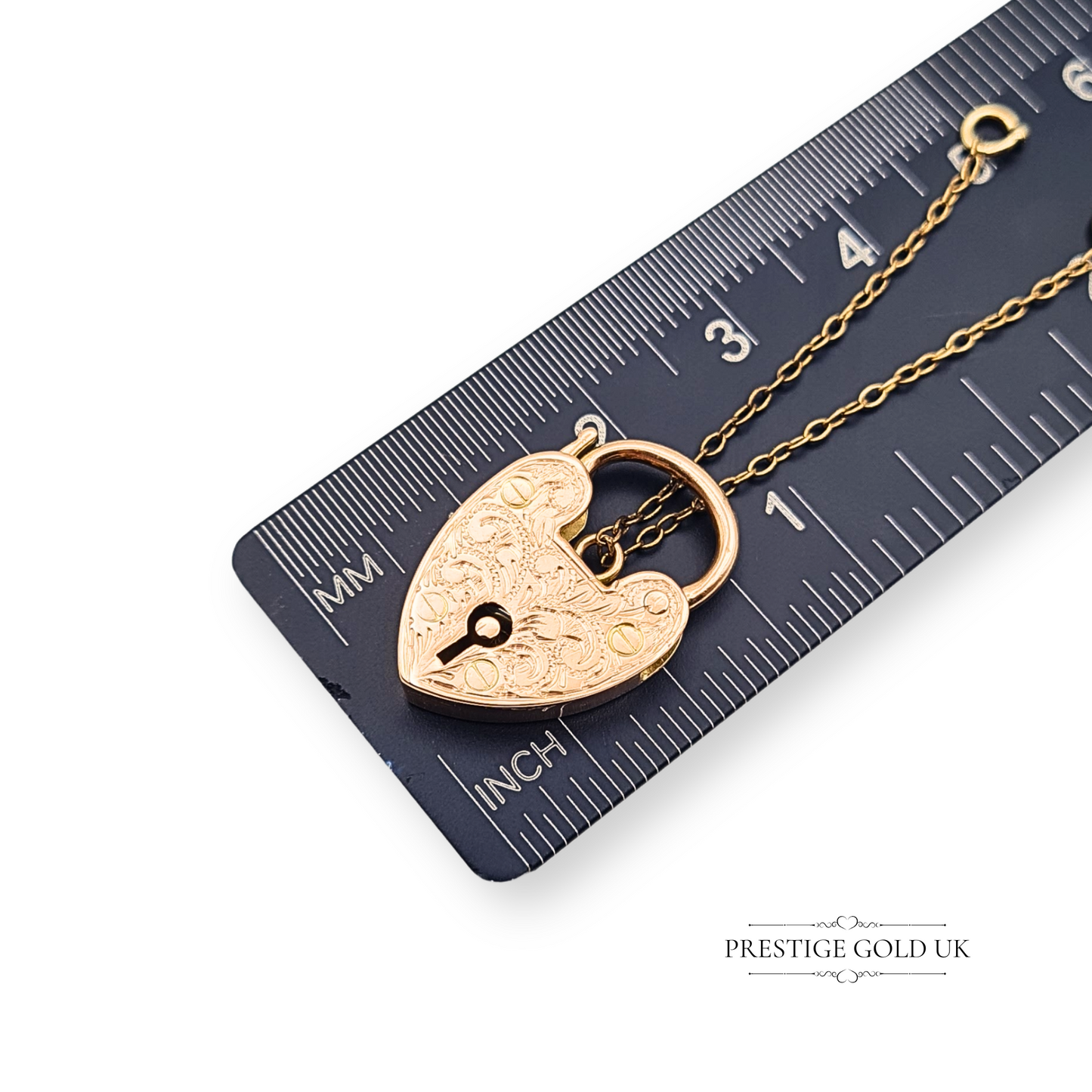 9ct Rose Gold Antique Heart Padlock Pendant, Engraved, With Safety Chain
