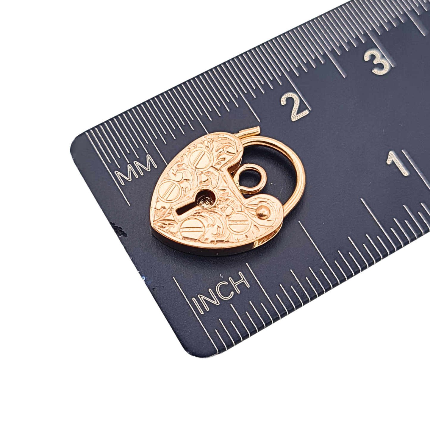 Tiny 9ct Rose Gold Heart Padlock 17mm Fully Hallmarked Engraved Leaf Clasp