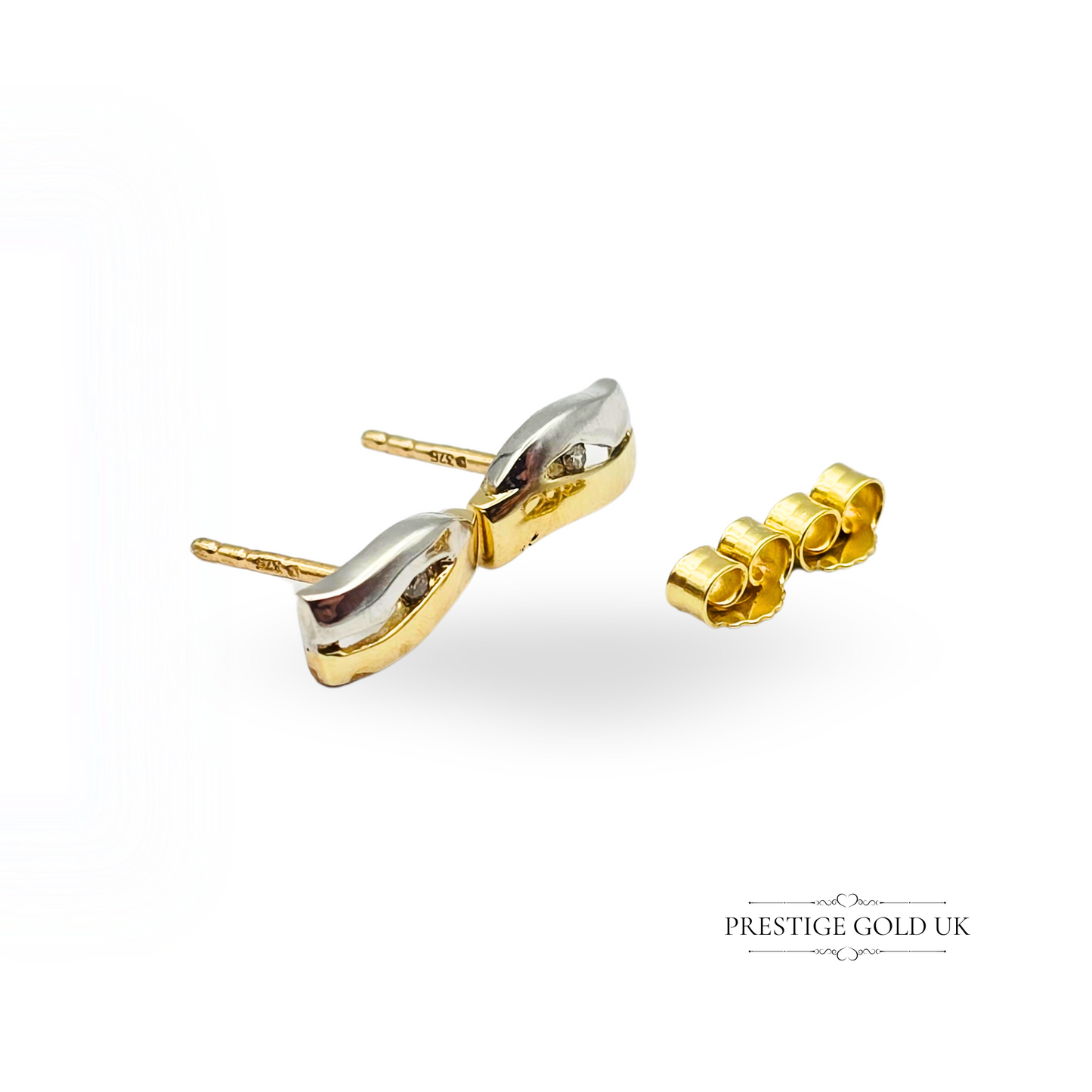 9ct Two-Tone Small Gold Diamond Stud Earrings, Fully Hallmarked, Curved Design