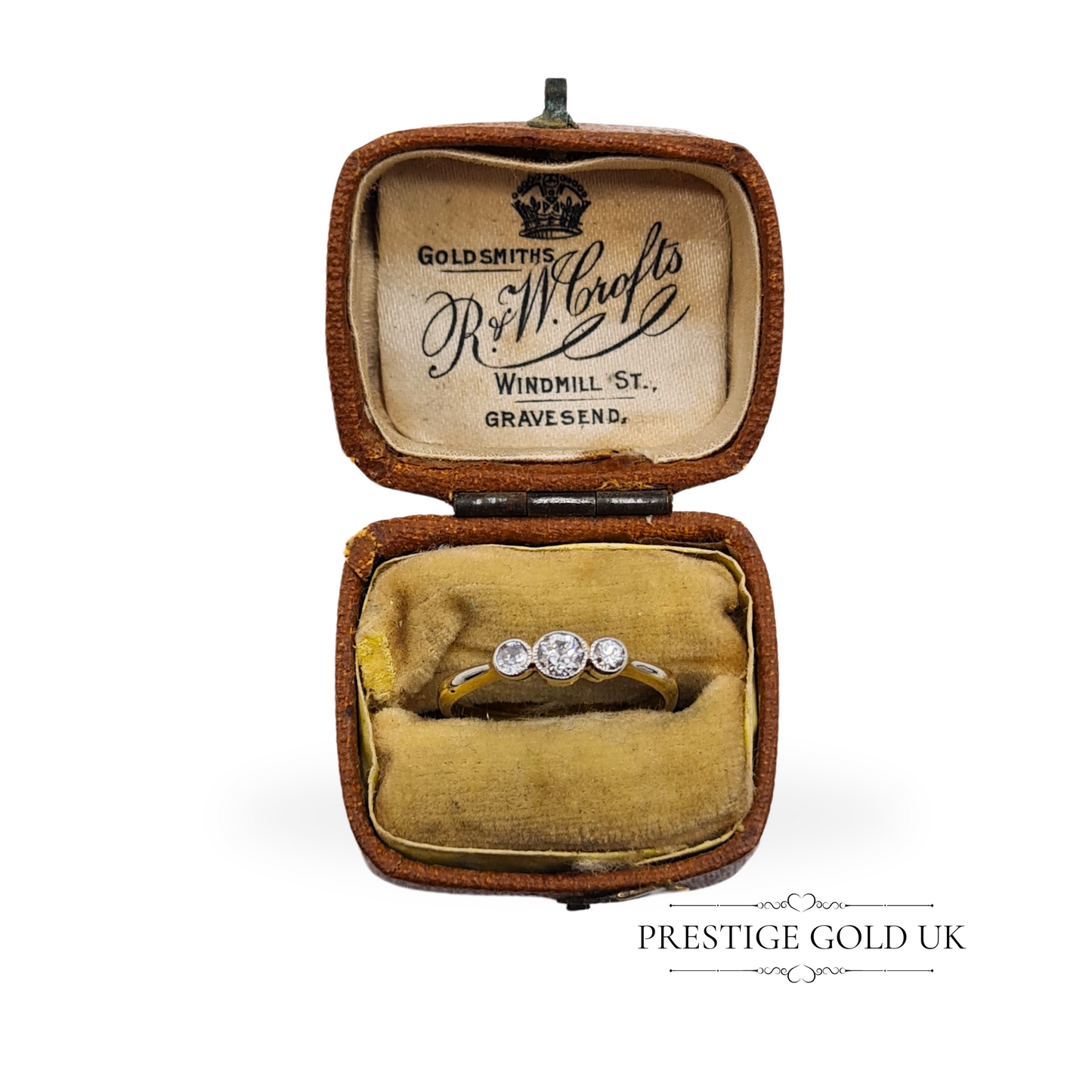 Vintage 18ct Gold & Platinum Triple Diamond Ring, UK I 1/2 US 4 1/4 Euro 48, Stamped 18ct, Engraved Band