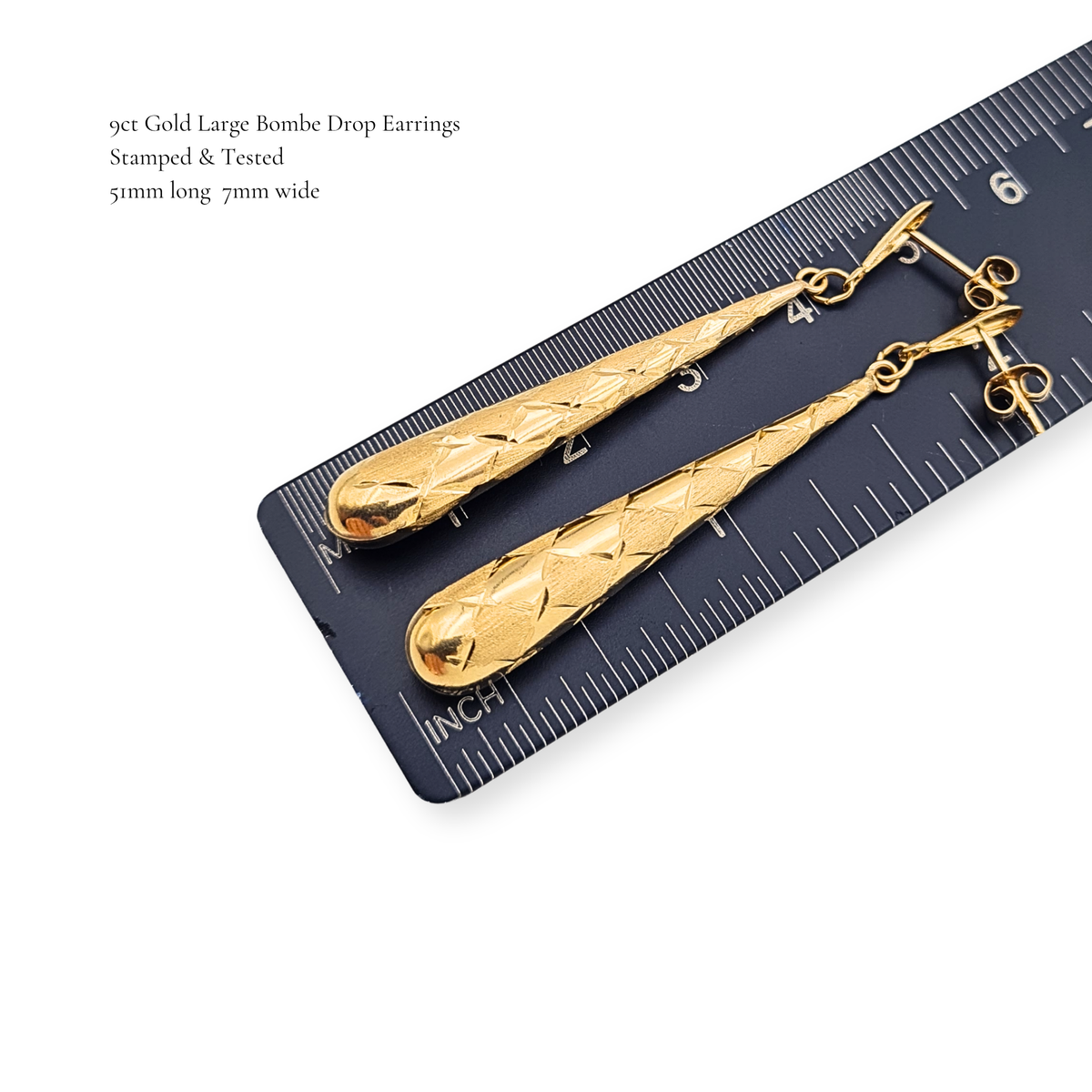 9ct Gold Long Drop Earrings,  Diamond Cut Textured Dangle Earrings