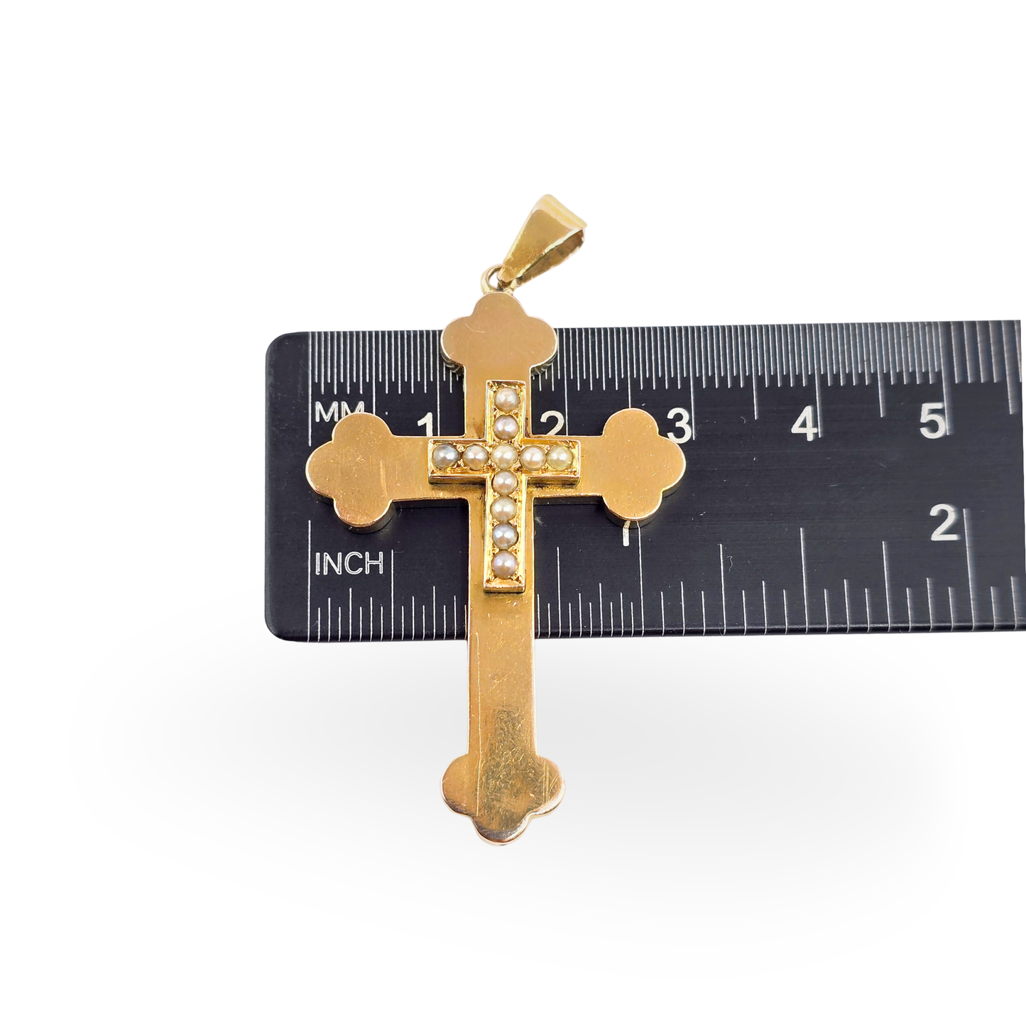 Large 9ct Gold Pearl Set Cross Pendant,  Byzantine Orthodox With Budded Ends