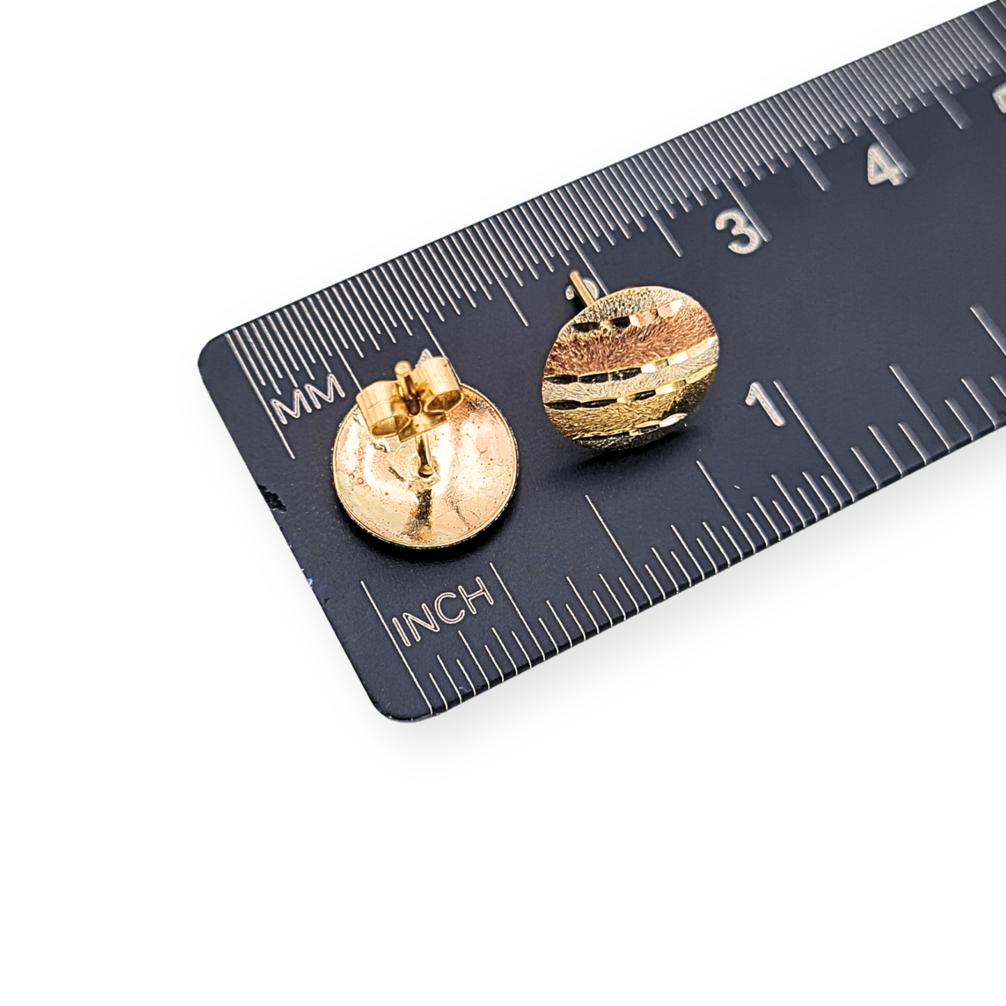 9ct Gold Two Colour Round Stud Earrings, 10mm Engraved Disc Design