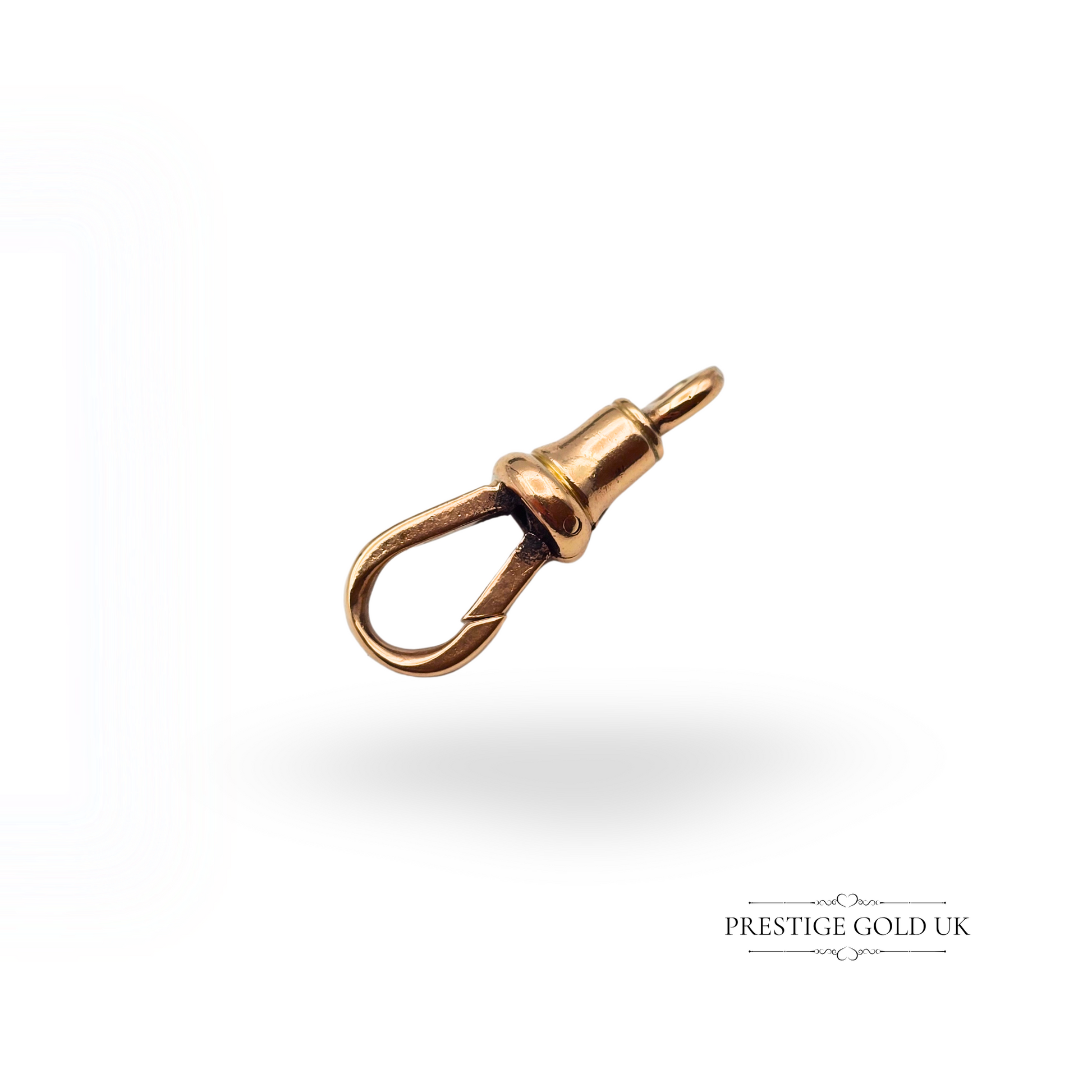 Antique 9ct rose gold dog clip clasp made by Mills & Hill, measuring 22mm long, with a fixed loop (non-swivel) design. Ideal for Albert chains, fob watches, or charms. Vintage with age-related wear, weighing 2.2g.