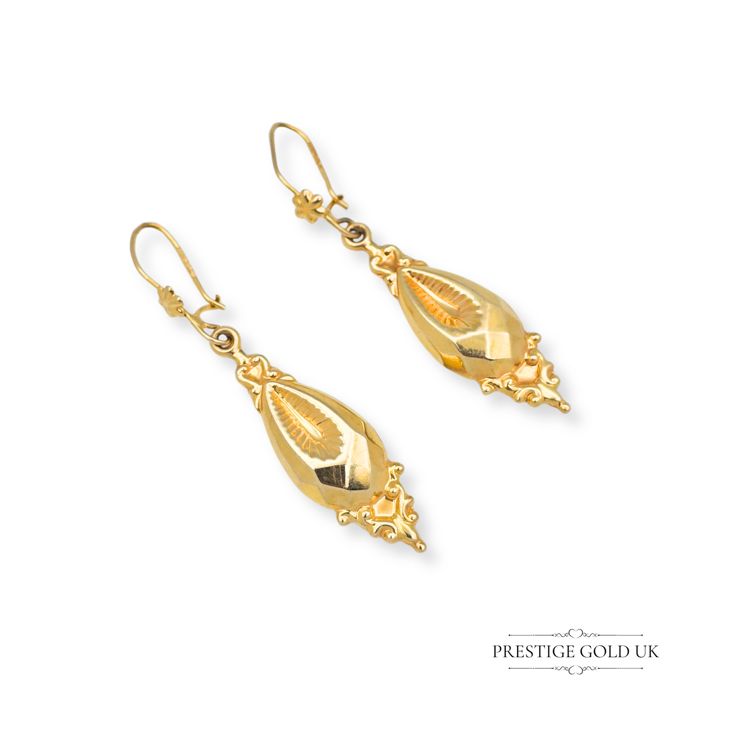 9ct Gold Dangle Drop Earrings, Victorian Revival Style Vintage Earrings
