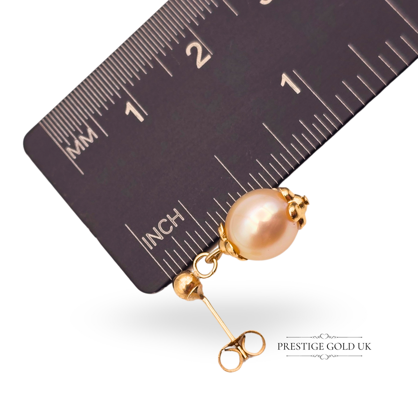 9ct Gold Drop Pearl Earrings, Dangle Studs Featuring Cream Round Pearls