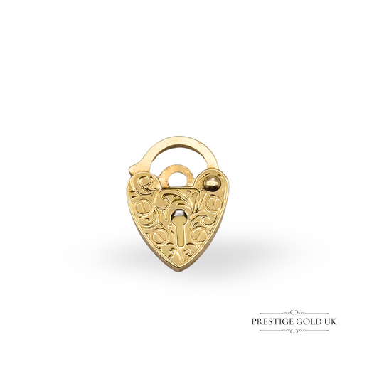 Tiny solid 9ct yellow gold heart-shaped padlock with hand-engraved front, flat 1mm design, working clasp mechanism, and 375 hallmark, 13mm tall.