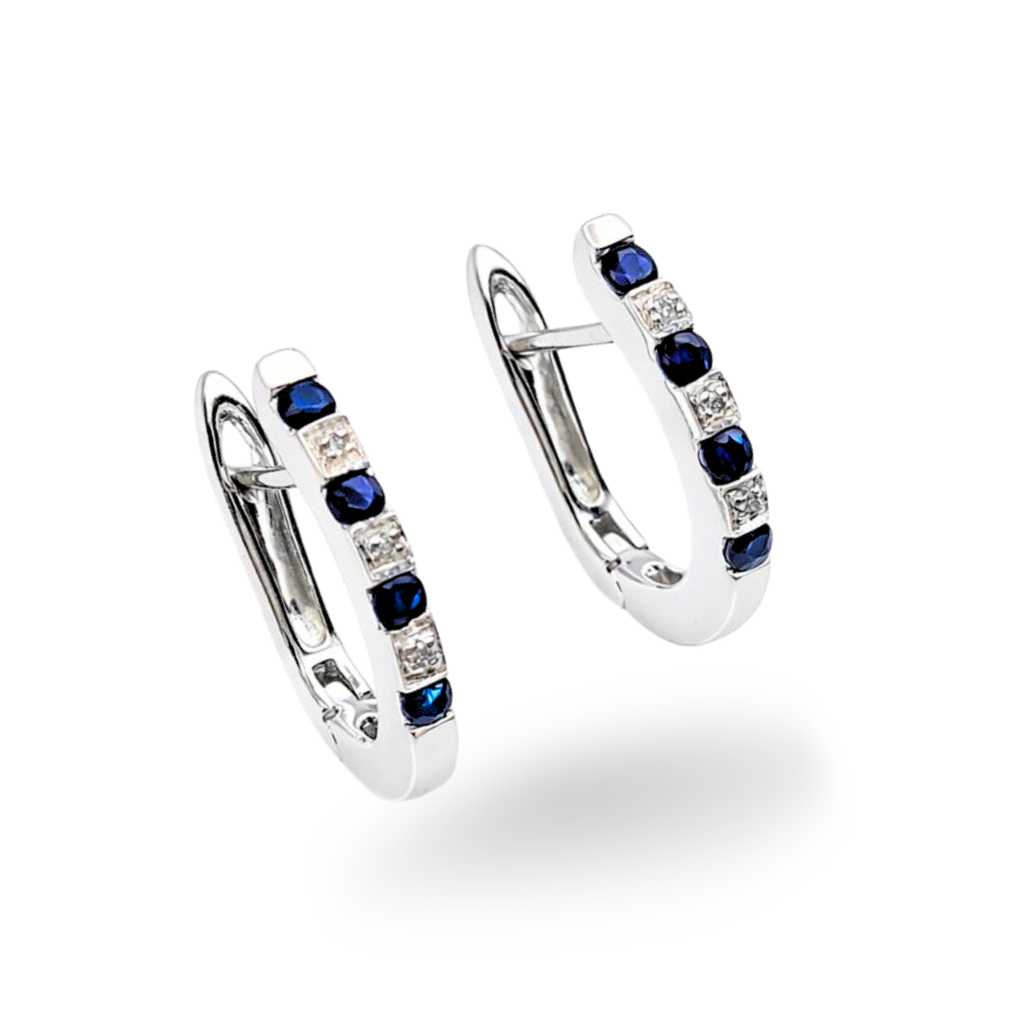 9ct White Gold Diamond Sapphire Huggie Earrings With Hinged Hoops