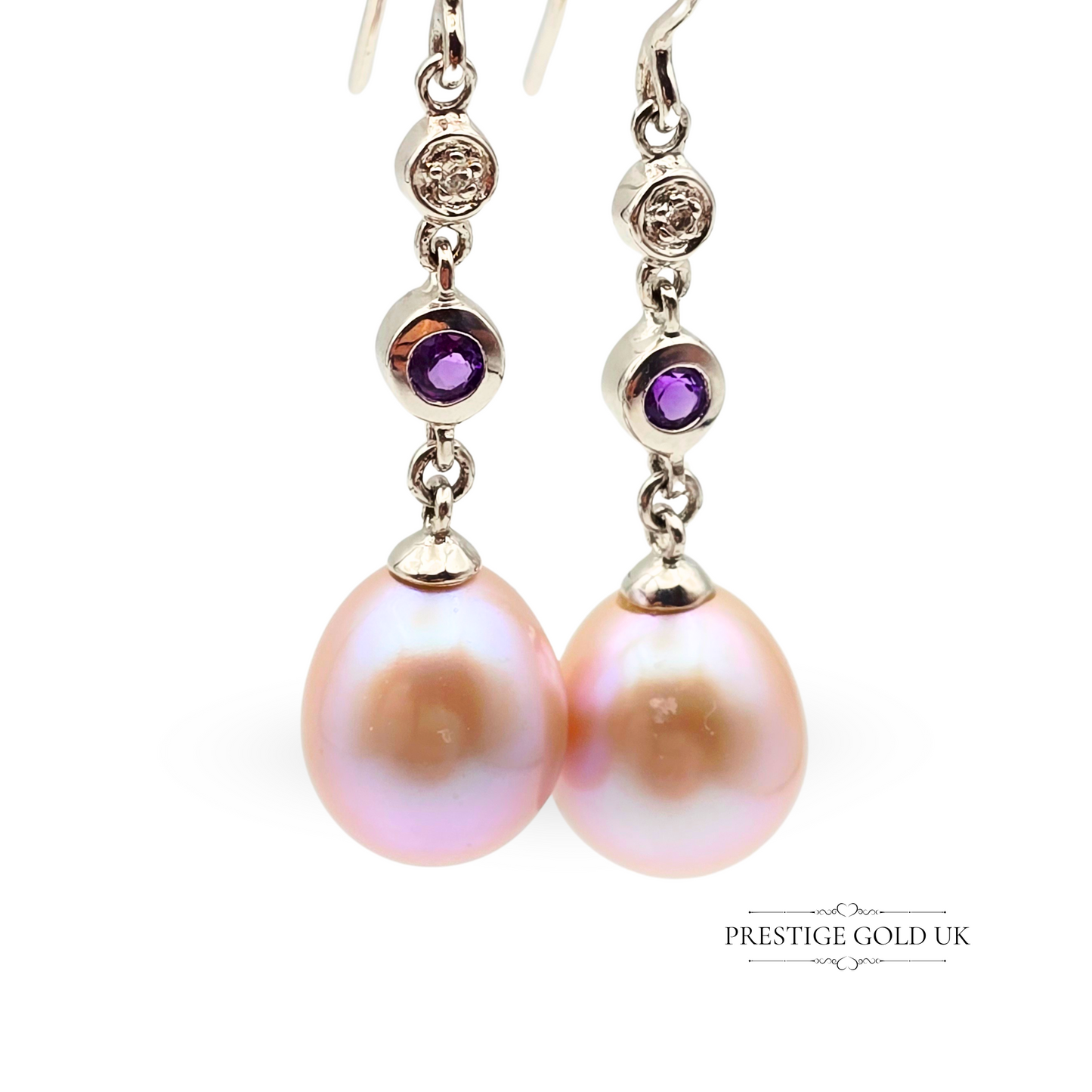 9ct White Gold Drop Earrings with Pink Freshwater Pearls, Amethyst & Diamonds