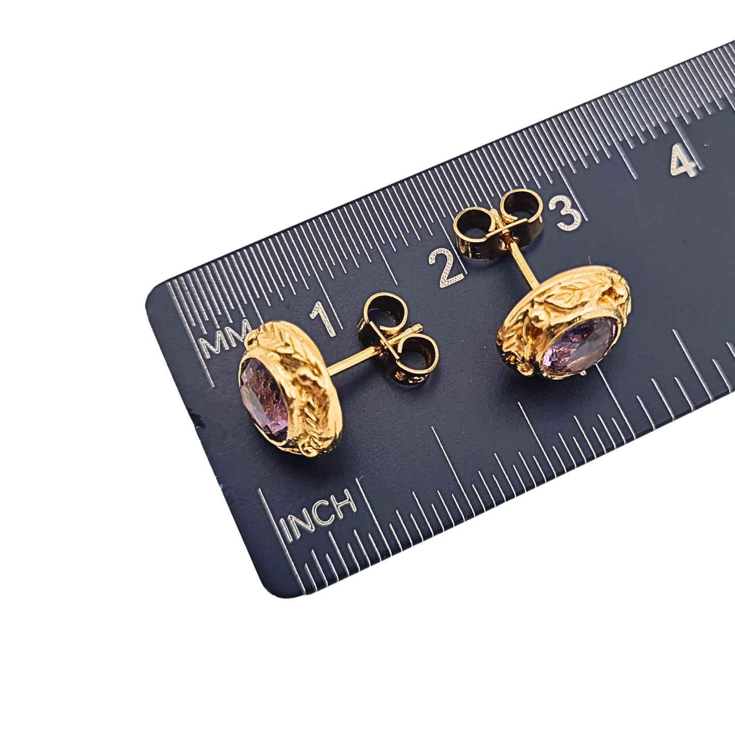 9ct Gold Amethyst Stud Earrings Birmingham 1975 Butterfly Backs