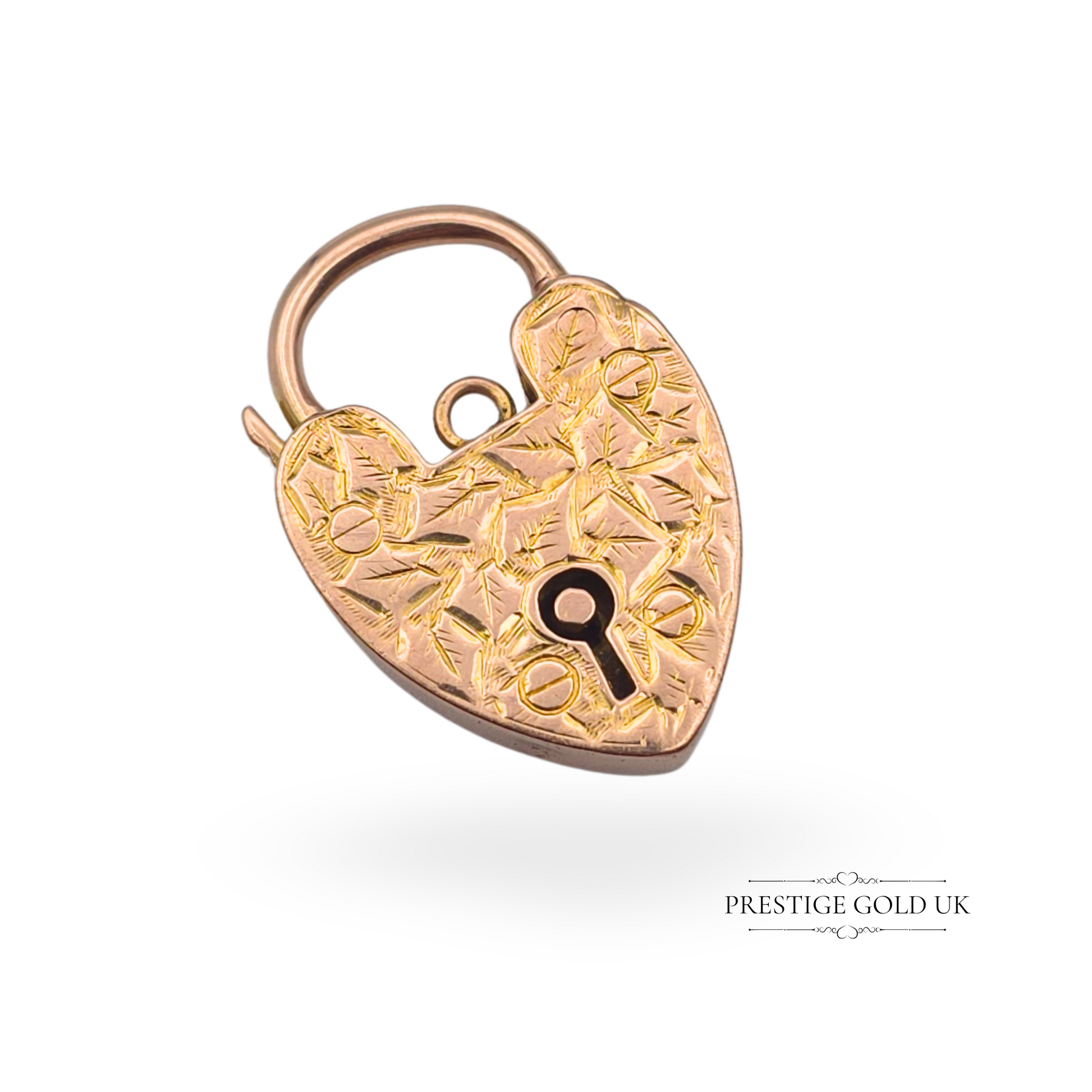 Large Antique 9ct Gold Heart Padlock, Edwardian Era, Hand-Engraved Floral Design