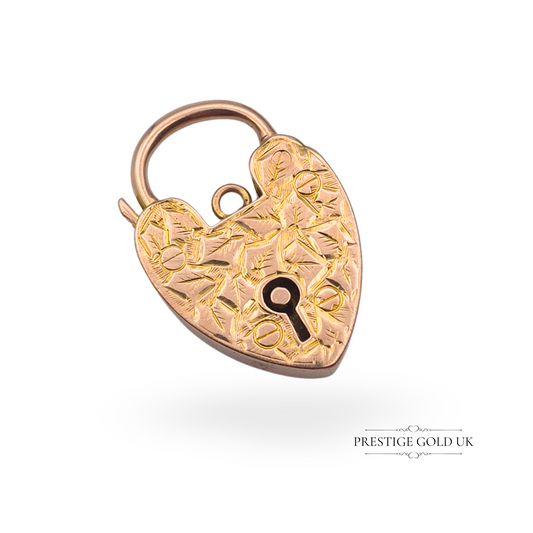 Large Antique 9ct Gold Heart Padlock, Edwardian Era, Hand-Engraved Floral Design