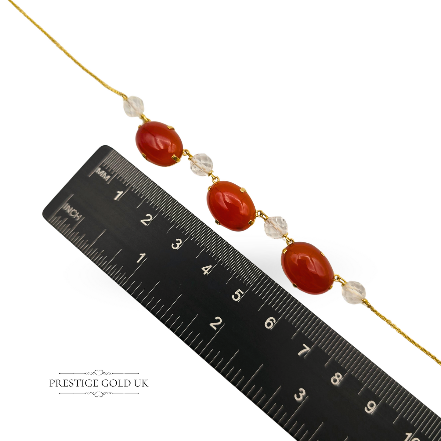 14.5" Gold Carnelian Necklace, 3 Oval Stones & Crystal Beads, 9ct Gold