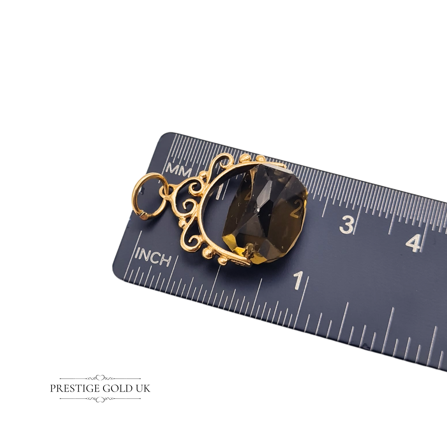 Small 9ct Gold & Smoky Swivel Fob, Spinning Charm With Decorative Scroll Work