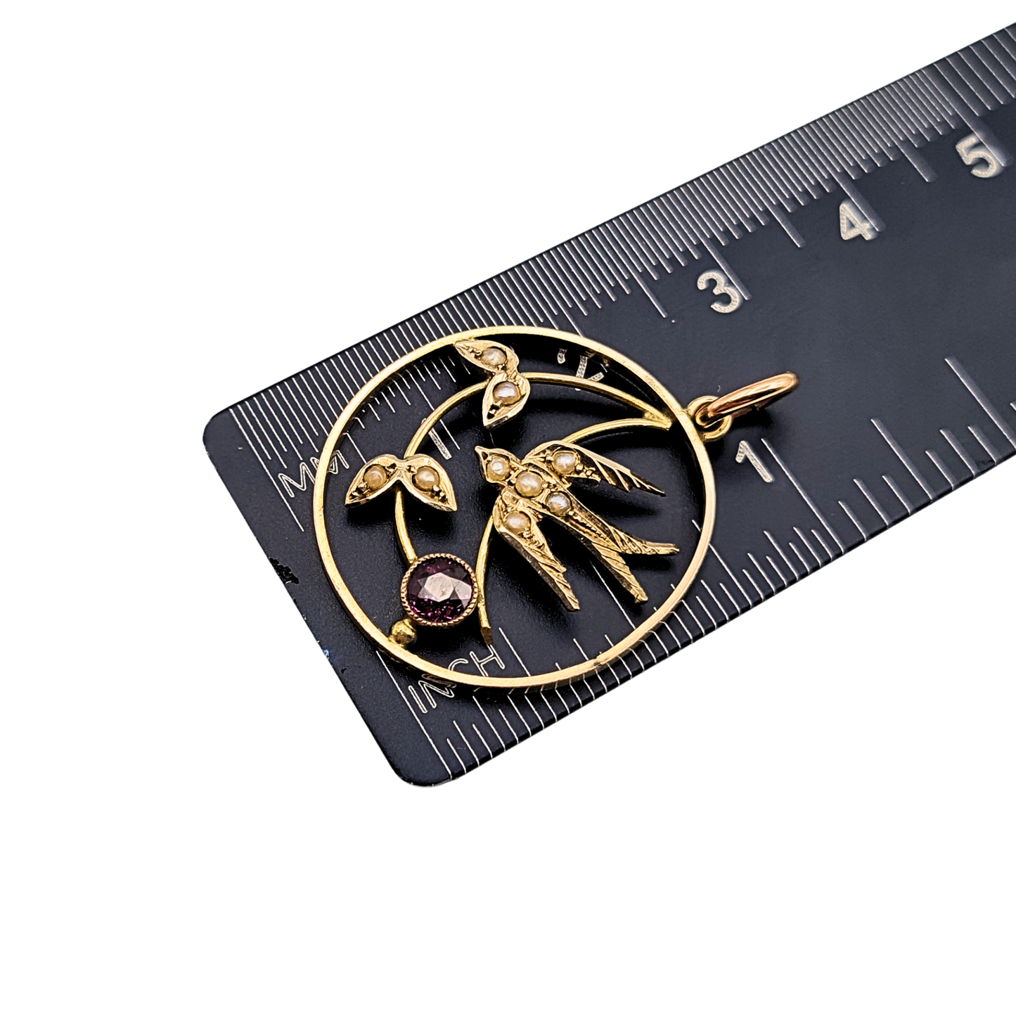 Antique 9ct Gold Swallow Pendant, Pearl Garnet, Stamped 9ct