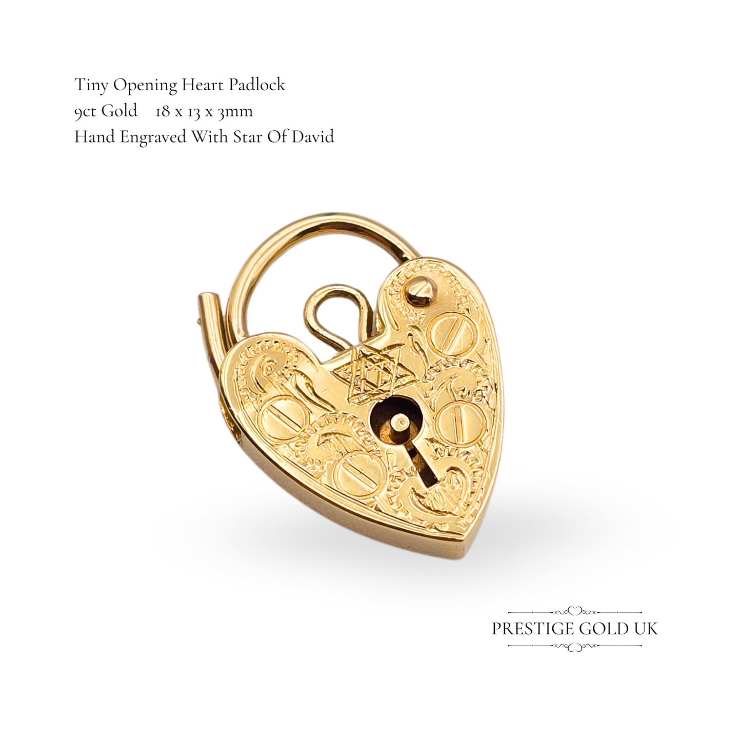 Star of David 9k Gold Heart Padlock Charm, Hallmarked London 1977, Hand Engraved