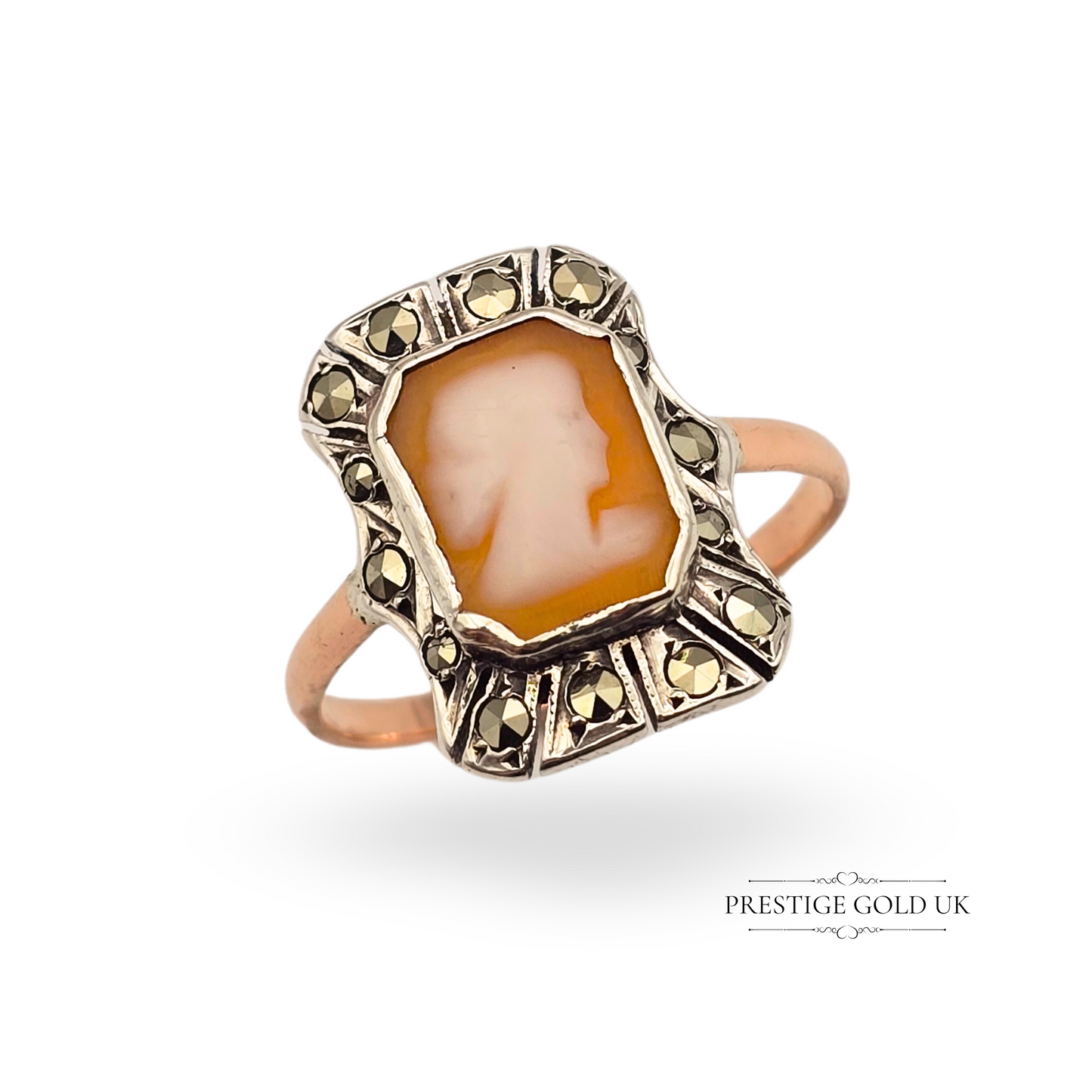Antique 9ct Rose Gold & Silver Cameo Ring,  Marcasite Stones, UK R 1/2 US 8 3/4
